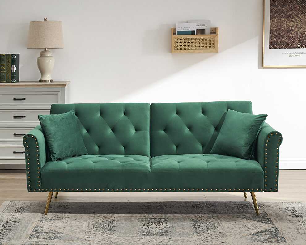 Green velvet nailhead sofa bed with throw pillow and midfoot by La Spezia