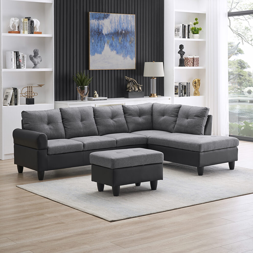 Modern l-shaped corner sofa right chaise with coffee table and storage chessman by La Spezia