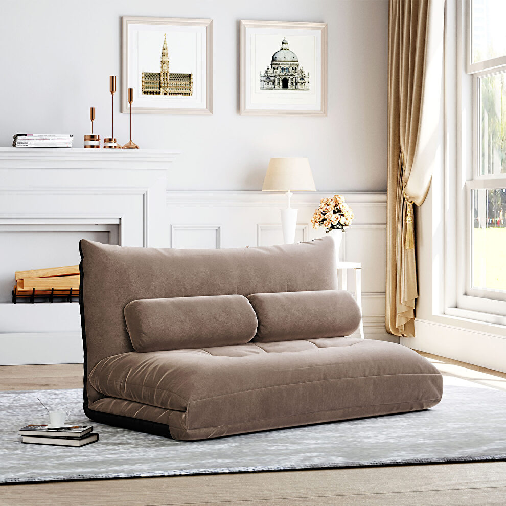 Light brown fabric adjustable folding futon lounge sofa by La Spezia