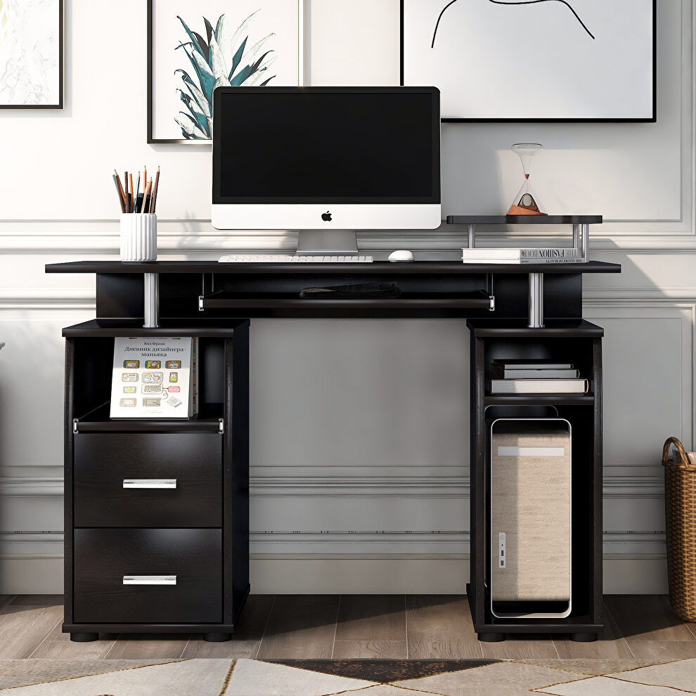 Black home office computer desk with pull-out keyboard tray and drawers by La Spezia