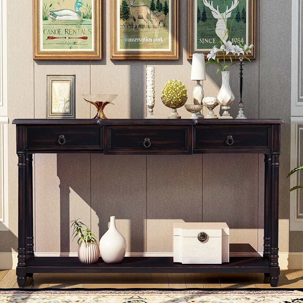 Espresso console table with projecting drawers and long shelf by La Spezia