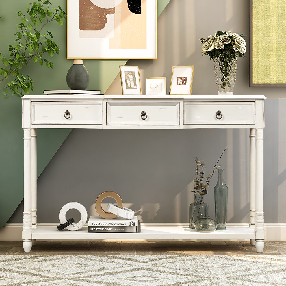 Antique white console table with projecting drawers and long shelf by La Spezia