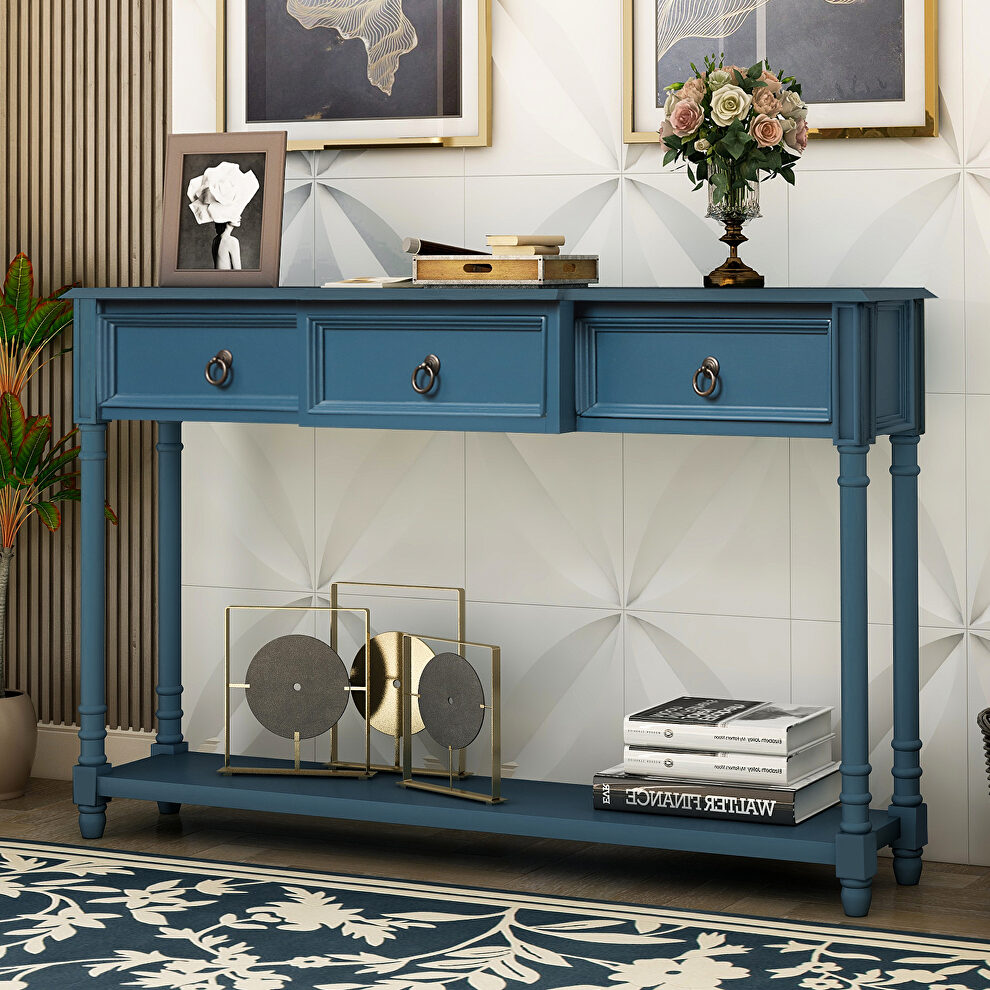 Antique navy console table with projecting drawers and long shelf by La Spezia