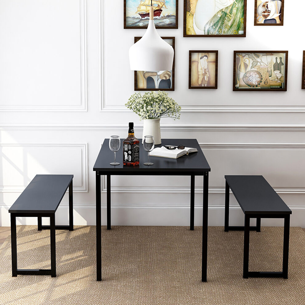 3-piece dining table set kitchen black table with two benches by La Spezia
