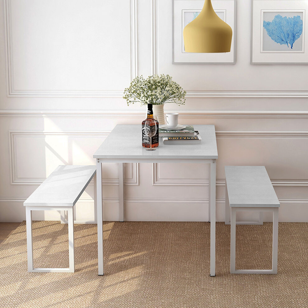 3-piece dining table set kitchen white table with two benches by La Spezia