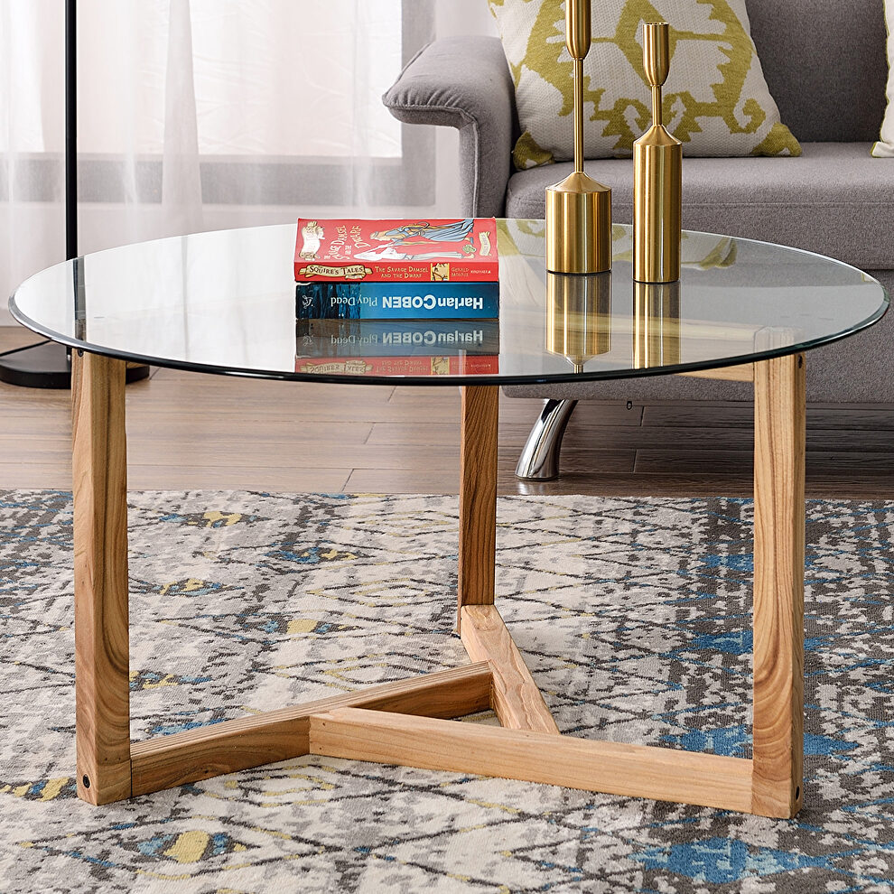 Round tempered glass top & sturdy natural wood base coffee table by La Spezia