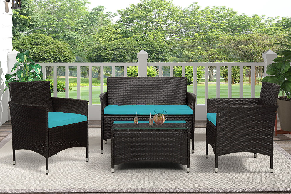 Ustyle 4 piece rattan sofa seating group with blue cushions by La Spezia