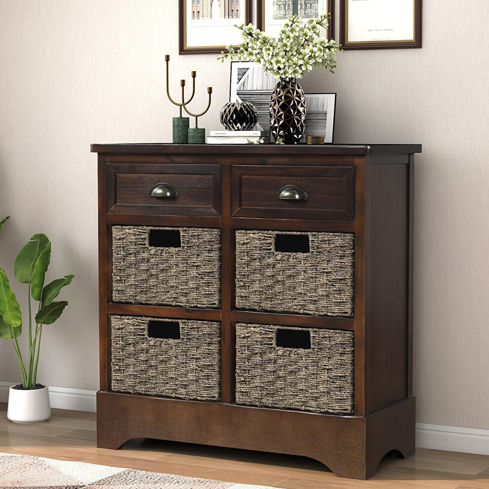 Espresso rustic storage cabinet with two drawers and four classic rattan basket by La Spezia