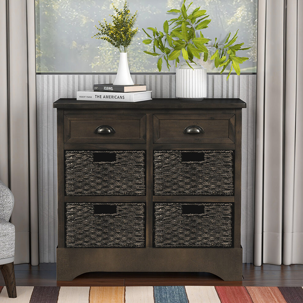 Brown gray rustic storage cabinet with two drawers and four classic rattan basket by La Spezia
