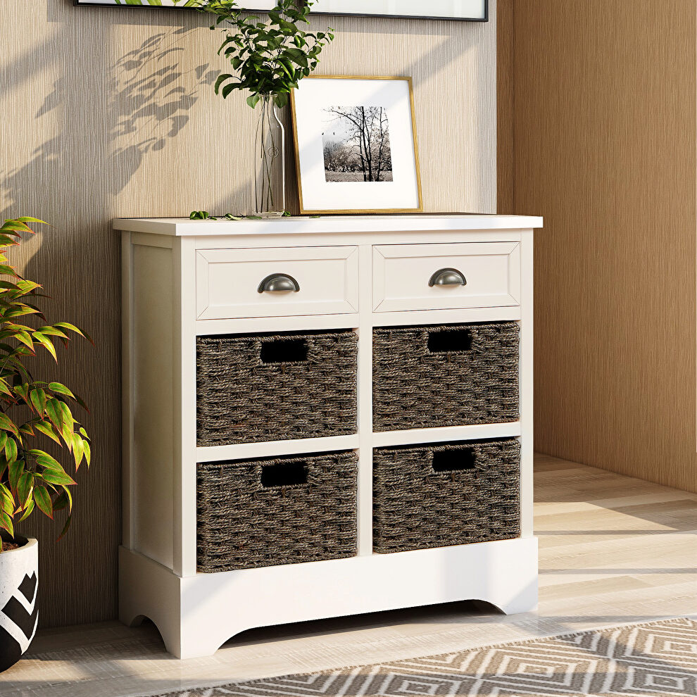 White rustic storage cabinet with two drawers and four classic rattan basket by La Spezia
