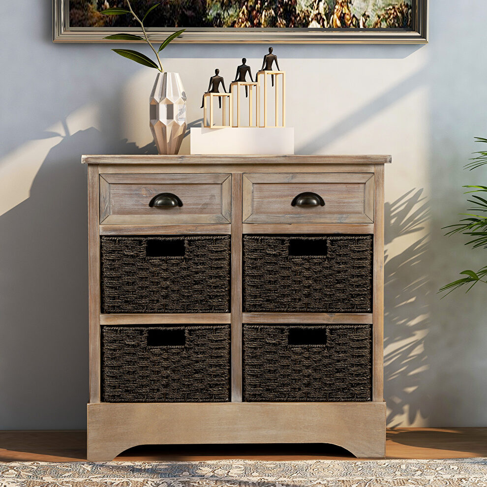 White washed rustic storage cabinet with two drawers and four classic rattan basket by La Spezia