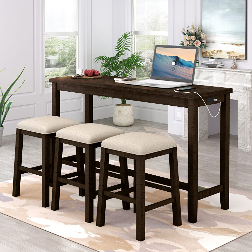 Brown 4-piece counter height table set with socket and leather padded stools by La Spezia