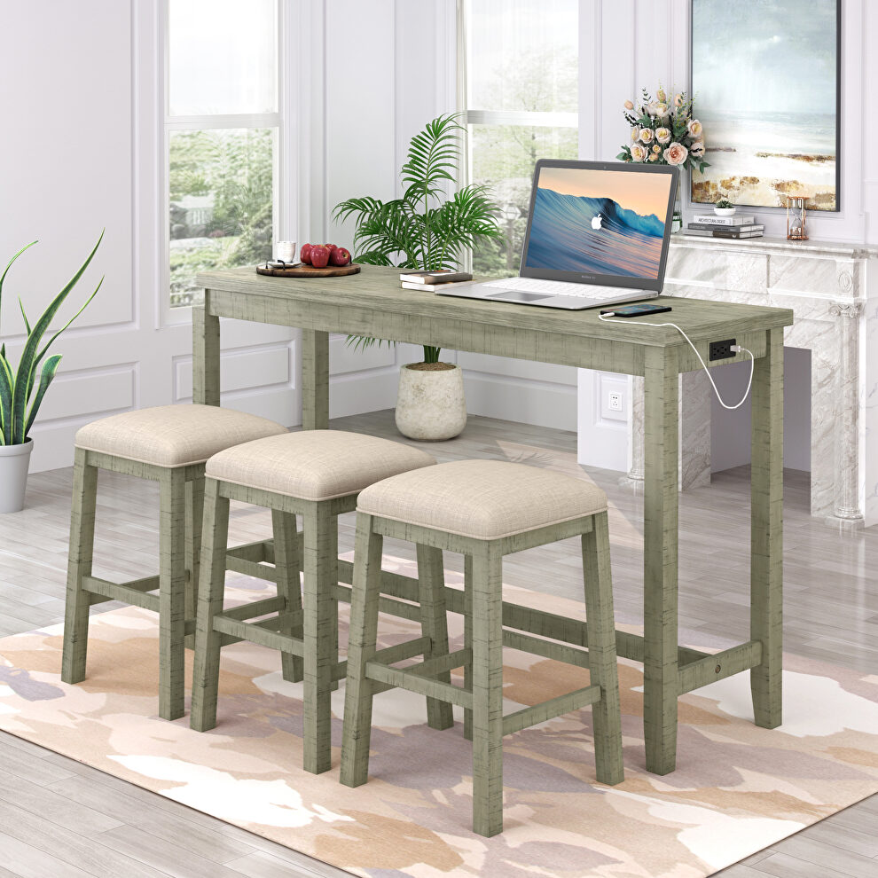 Gray/ green 4-piece counter height table set with socket and leather padded stools by La Spezia