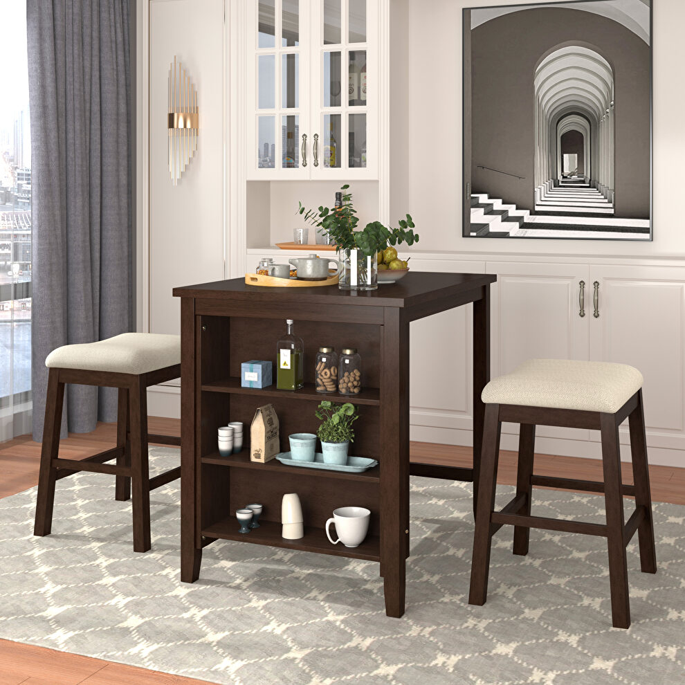 Brown 3 piece square dining table with padded stools by La Spezia
