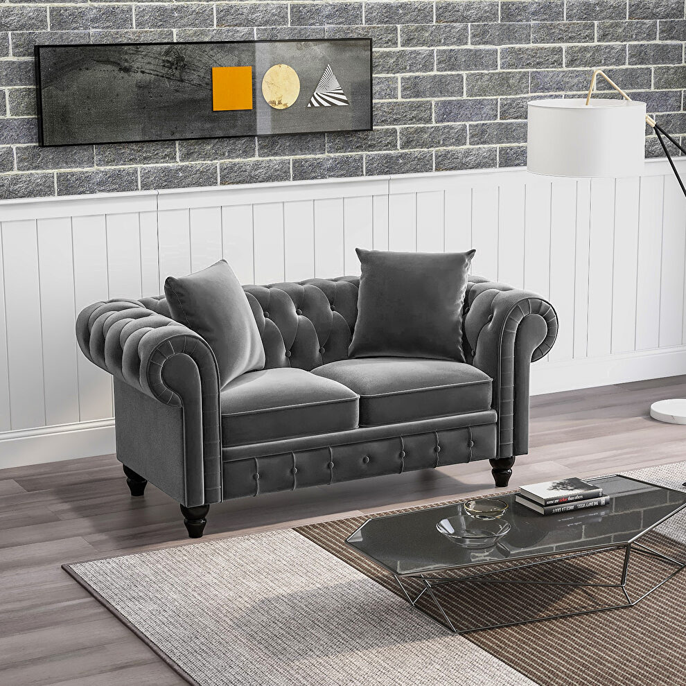 Dark gray velvet upholstery loveseat sofa deep button tufted by La Spezia