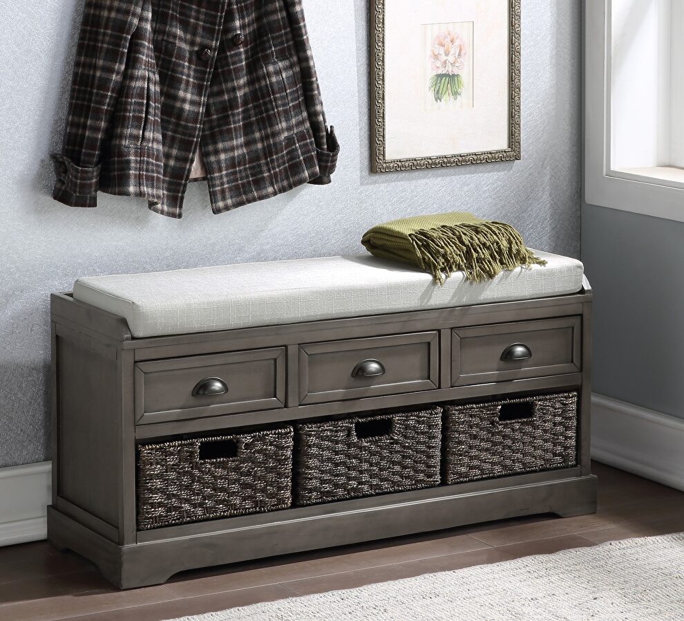 Gray wood storage bench with 3 drawers and 3 baskets by La Spezia