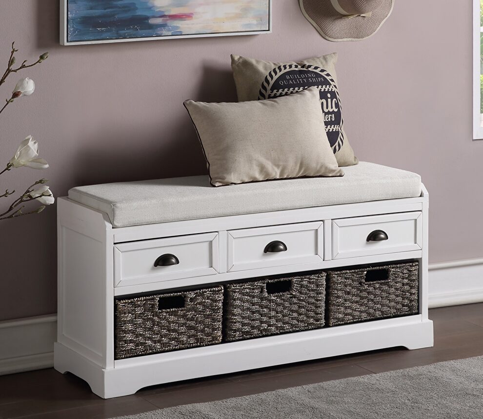 White wood storage bench with 3 drawers and 3 baskets by La Spezia