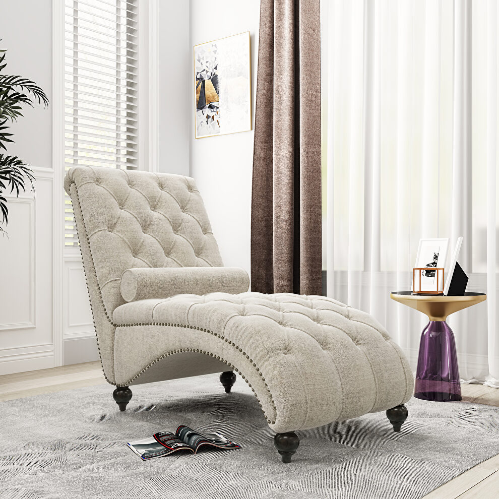 Beige linen button tufted chaise lounge chair by La Spezia