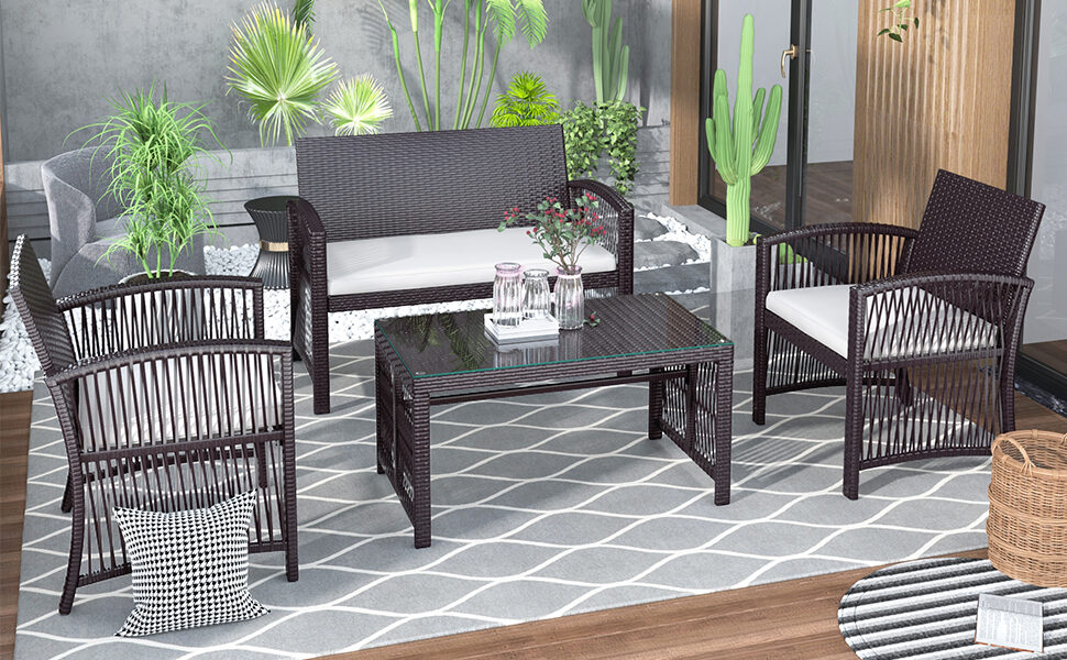 Brown rattan chair, sofa and table patio 4 piece set by La Spezia