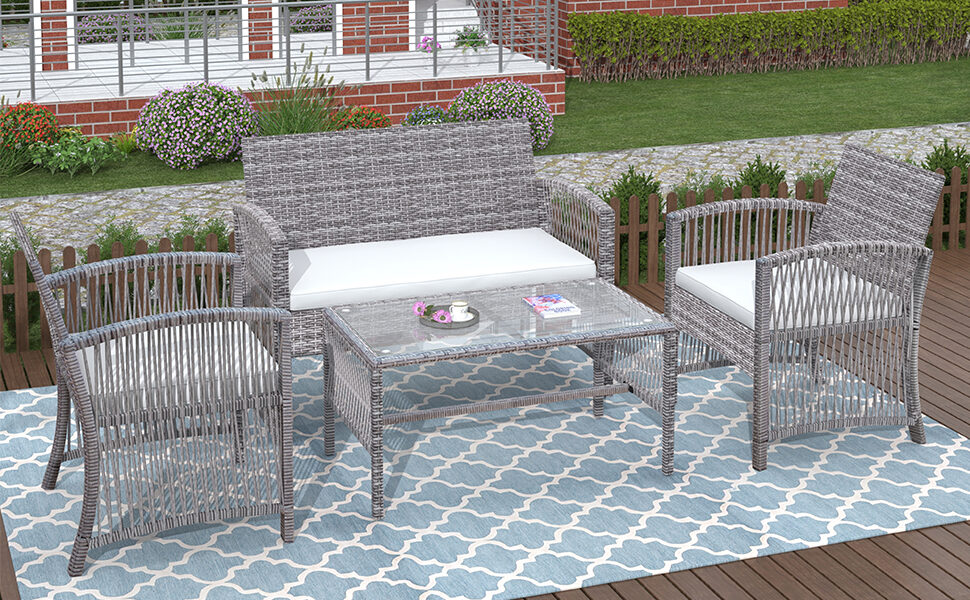 Gray rattan chair, sofa and table patio 4 piece set by La Spezia