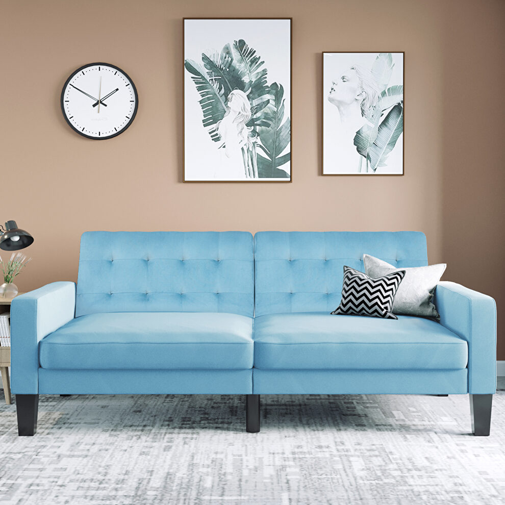 Blue velvet upholstered modern convertible folding futon lounge by La Spezia