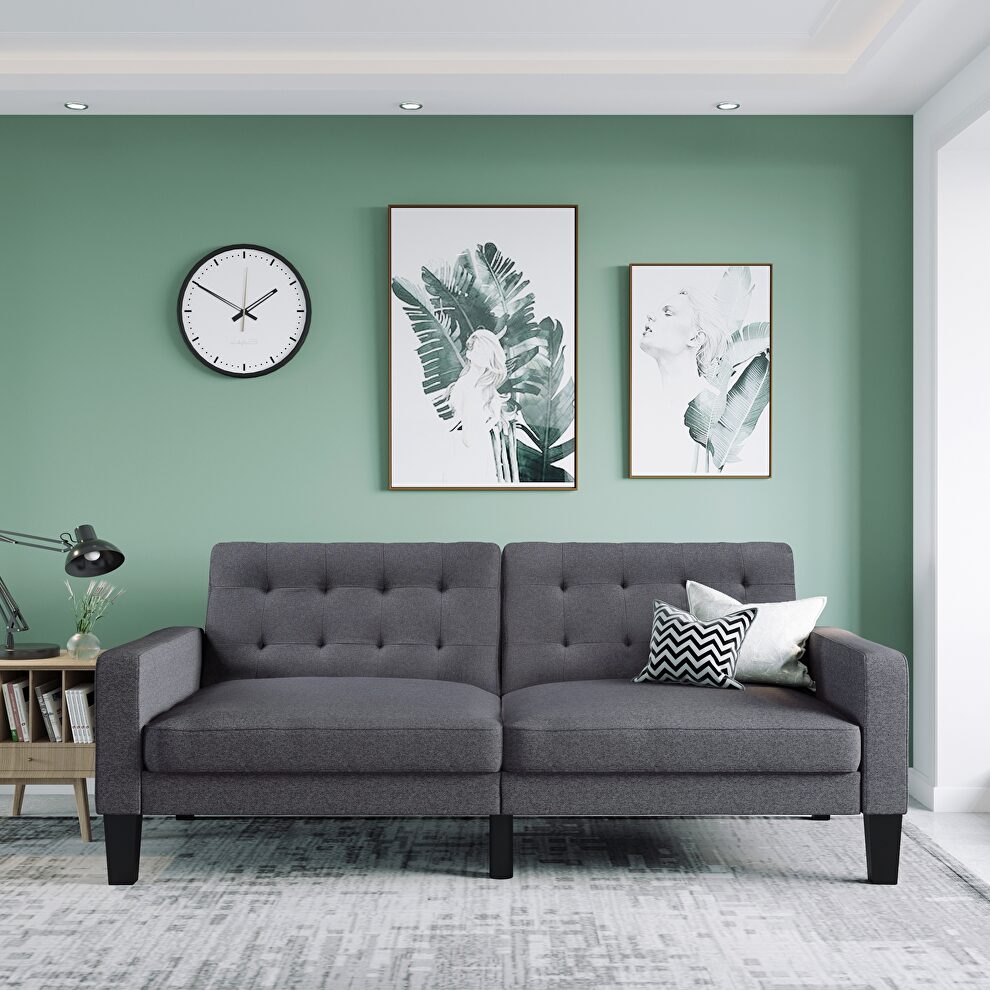 Gray linen upholstered modern convertible folding futon lounge by La Spezia