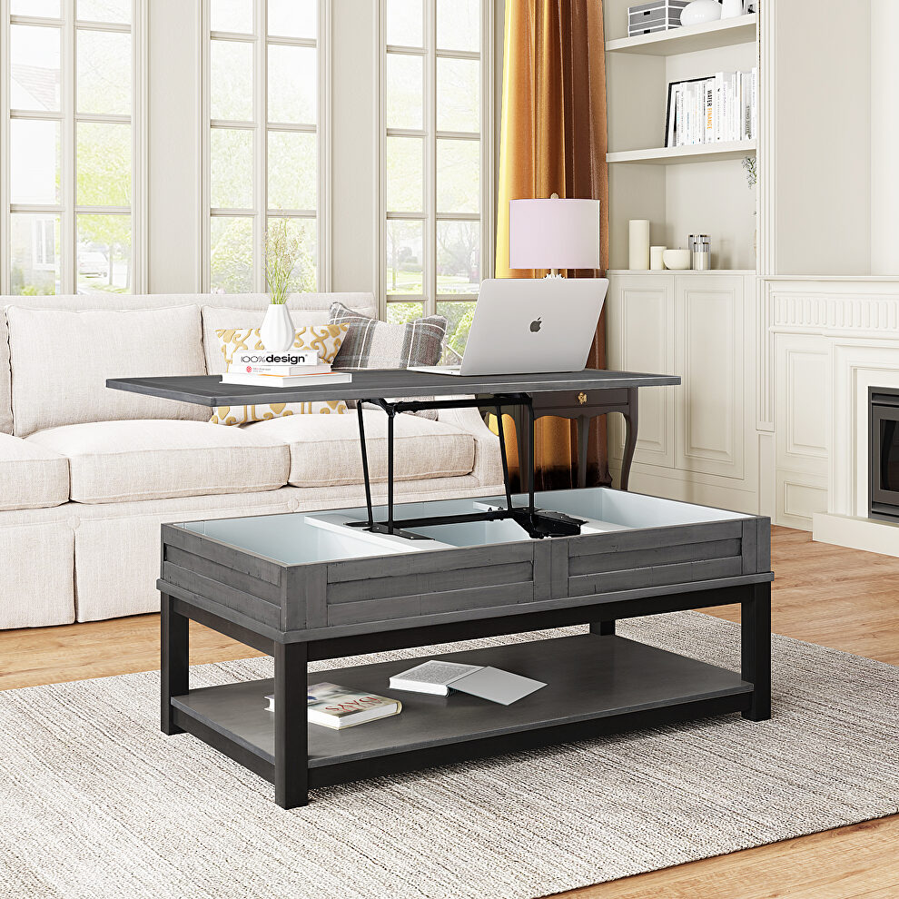 U-style gray lift top coffee table with inner storage space and shelf by La Spezia