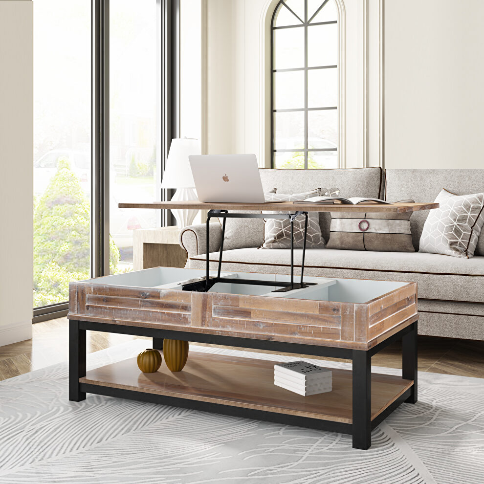 U-style brown lift top coffee table with inner storage space and shelf by La Spezia