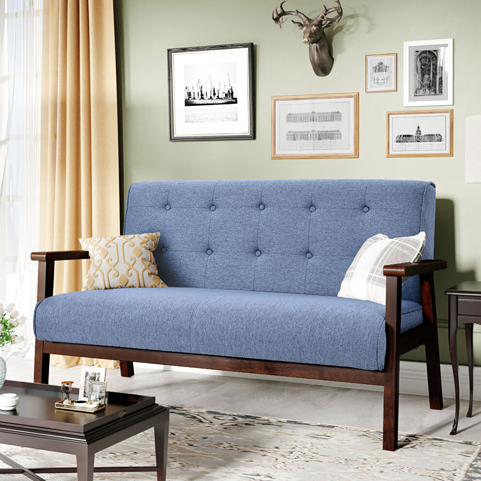 Modern solid loveseat sofa blue linen blend fabric 2-seat couch by La Spezia
