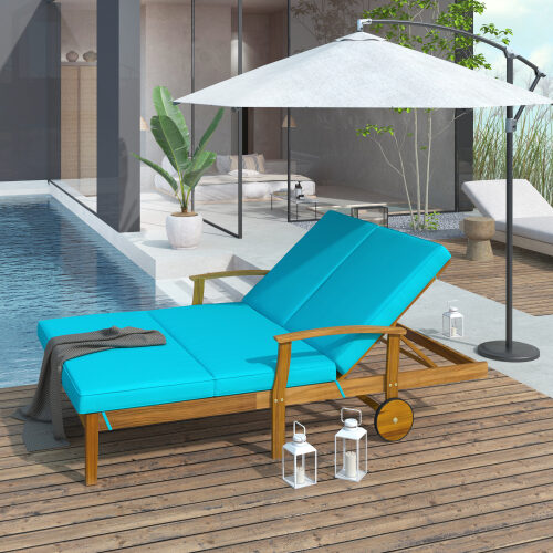 Natural wood finish/ blue cushion outdoor double chaise lounge chair by La Spezia