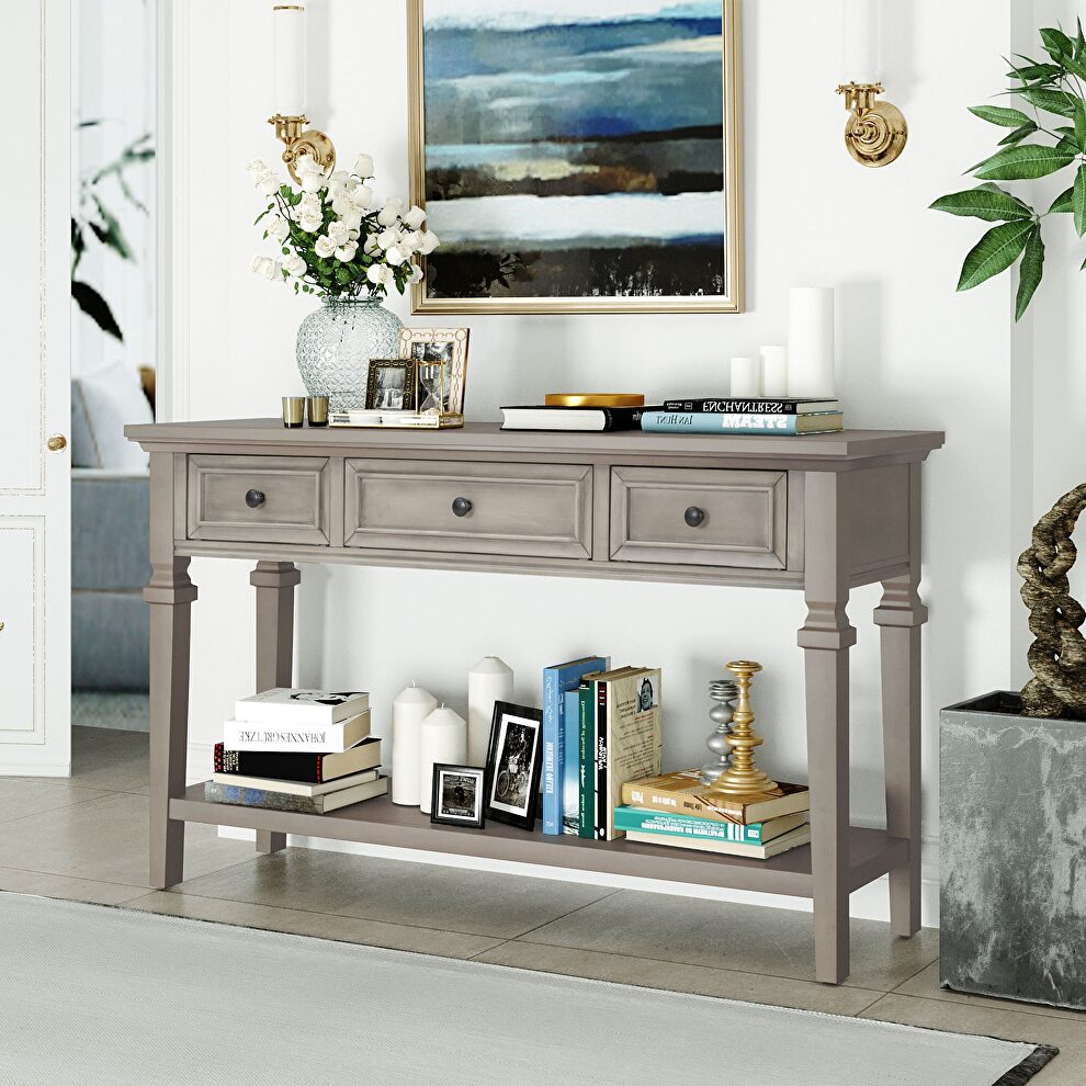 Gray wash wood classic retro style console table with three top drawers by La Spezia