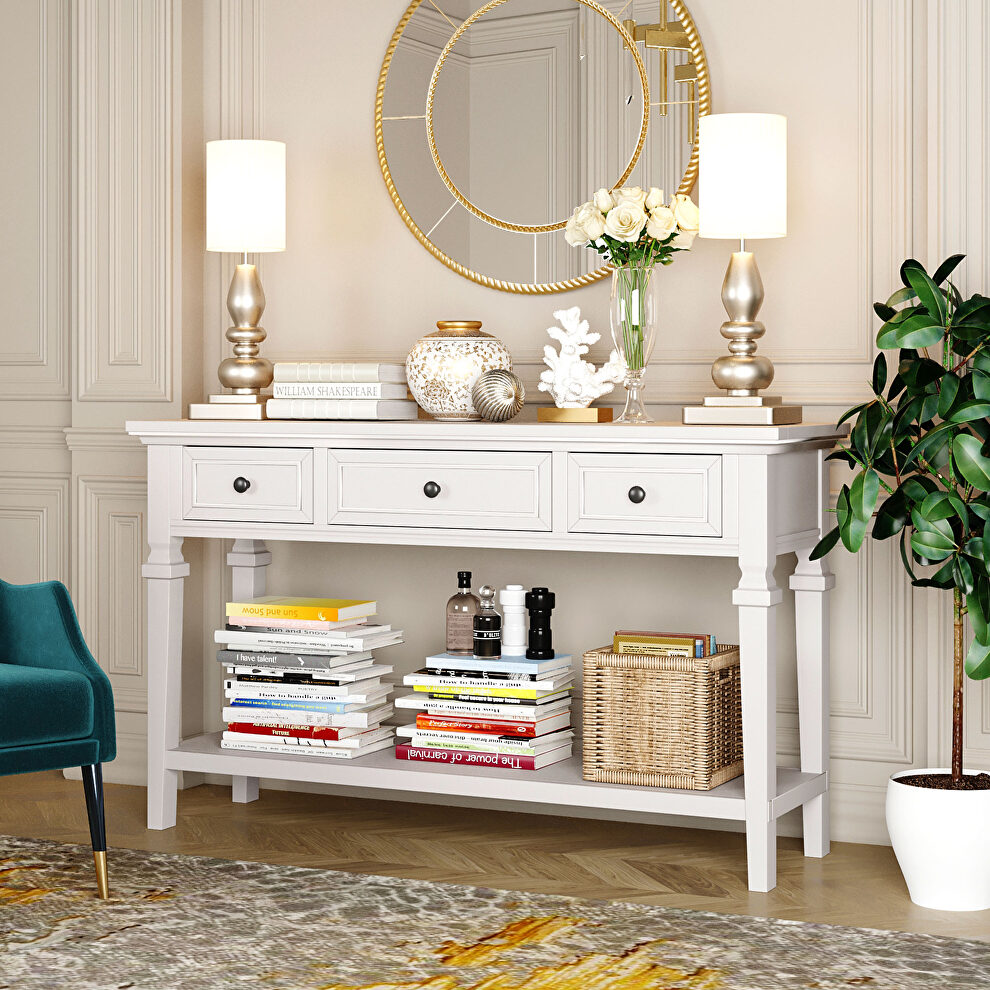 Antique white wood classic retro style console table with three top drawers by La Spezia