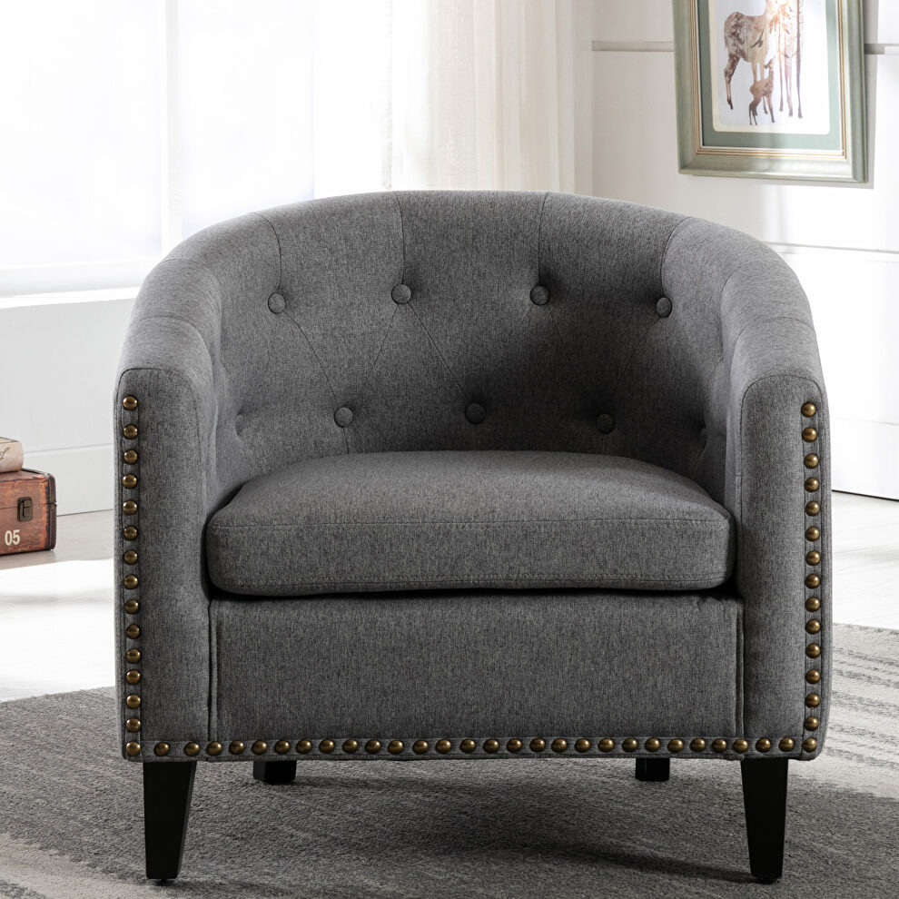 Gray linen fabric tufted barrel chair by La Spezia