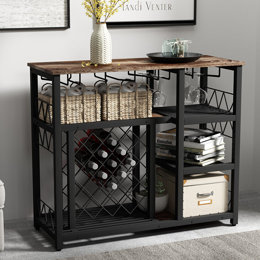 Brown finish modern industrial metal wine rack table with glass holder by La Spezia