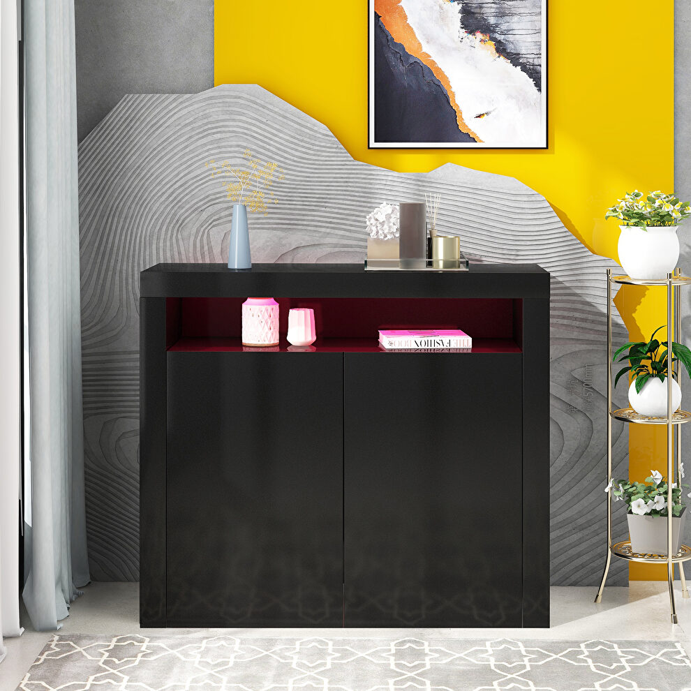 High gloss black sideboard mordern 2-door storage cabinet with led lights by La Spezia