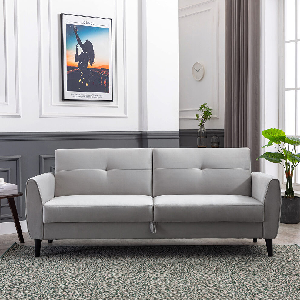 Gray velvet modern convertible futon sofa bed with storage box by La Spezia