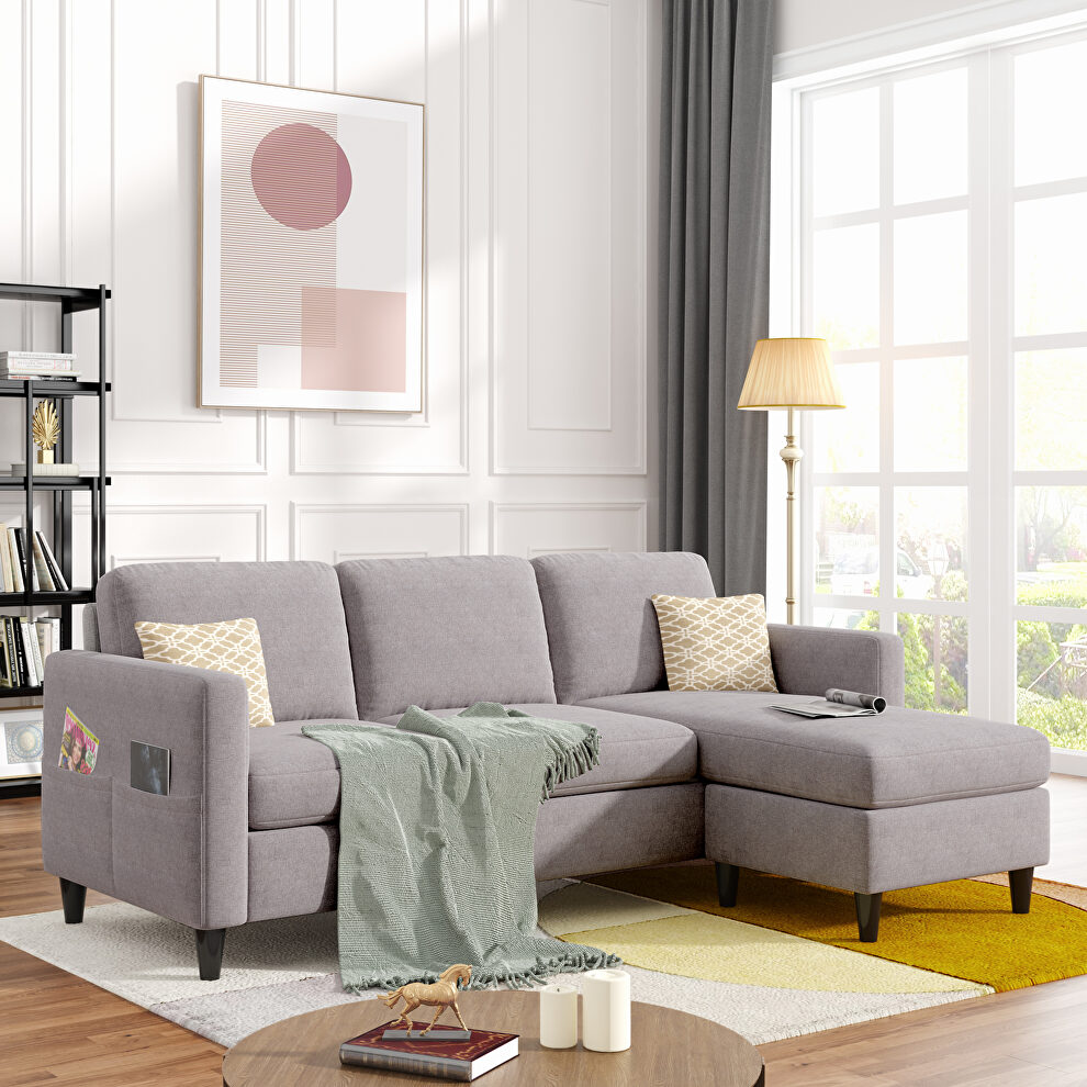 Modern gray linen fabric l-shape reversible sectional sofa by La Spezia