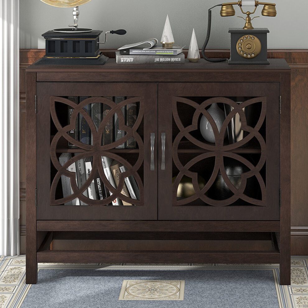 Brown wood accent buffet sideboard storage cabinet with doors and adjustable shelf by La Spezia