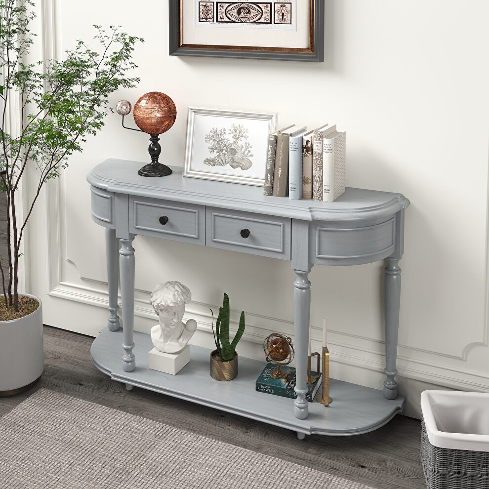 Gray wash retro circular curved design console table with open style shelf by La Spezia