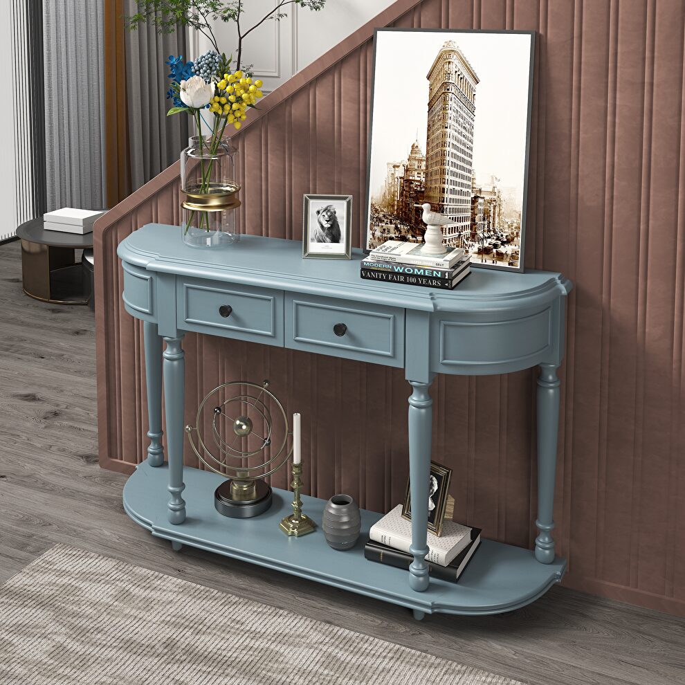 Navy retro circular curved design console table with open style shelf by La Spezia