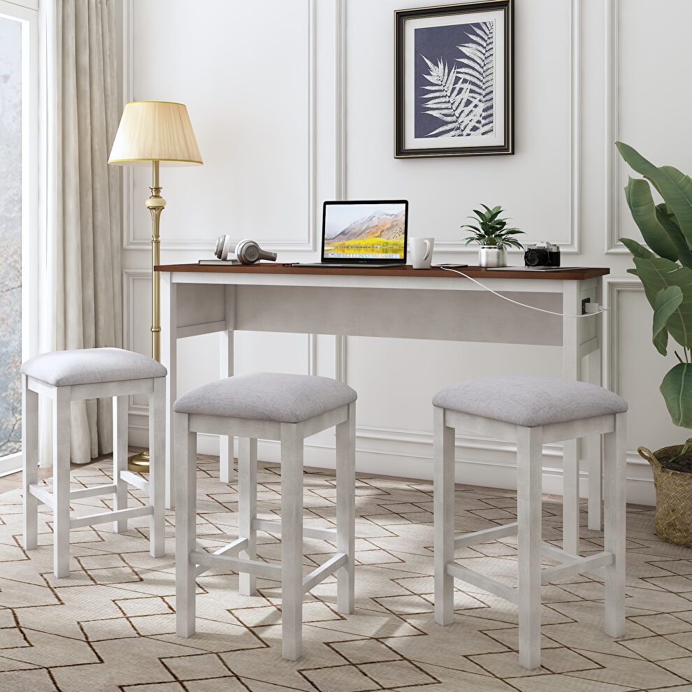 Cherry top/ distressed white body 4-piece counter height table set with socket and leather padded stools by La Spezia