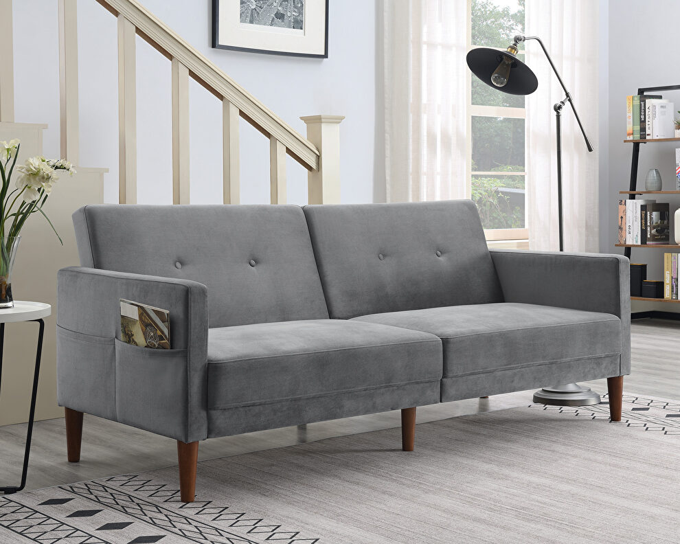 Gray velvet upholstered modern convertible folding futon sofa bed by La Spezia