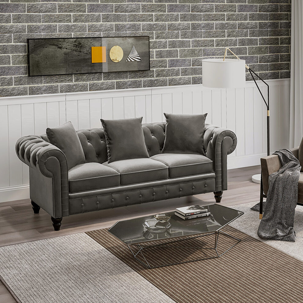 Deep button tufted gray velvet chesterfield sofa by La Spezia