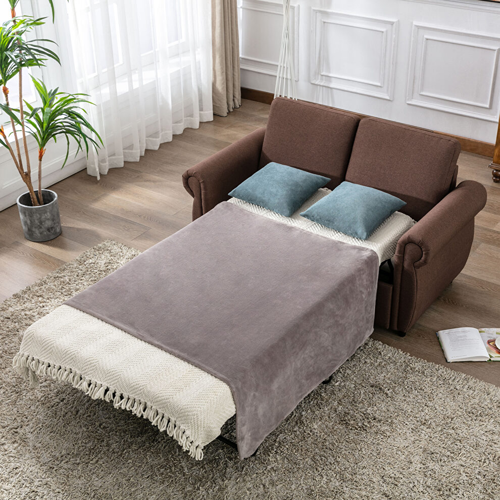 Brown linen pull out sofa bed sleeper with twin size memory mattress by La Spezia