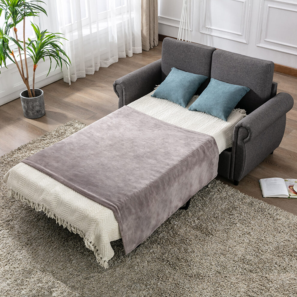 Gray linen pull out sofa bed sleeper with twin size memory mattress by La Spezia