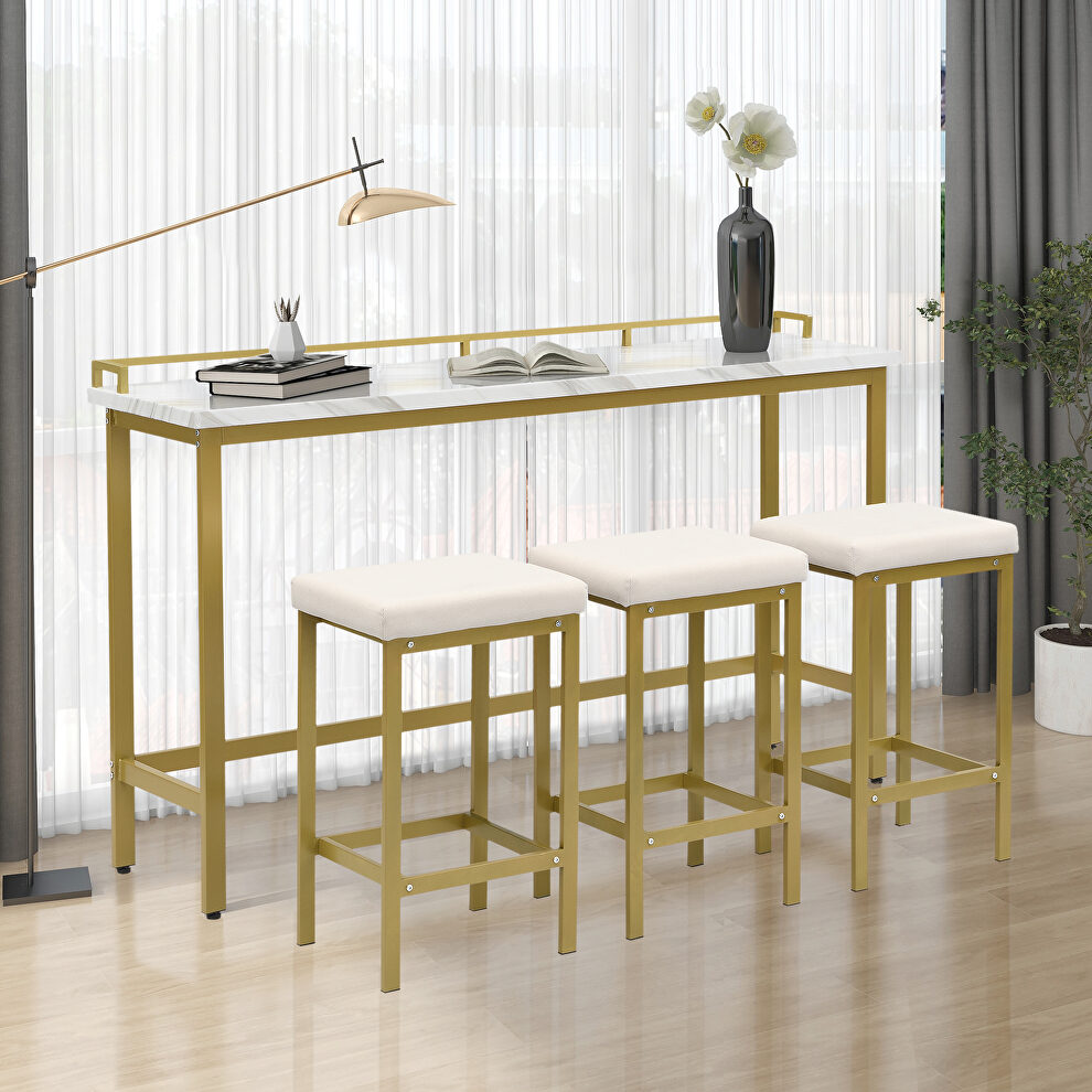 Modern 4-piece counter height extra long console dining table set with 3 fabric stools in gold/ beige by La Spezia