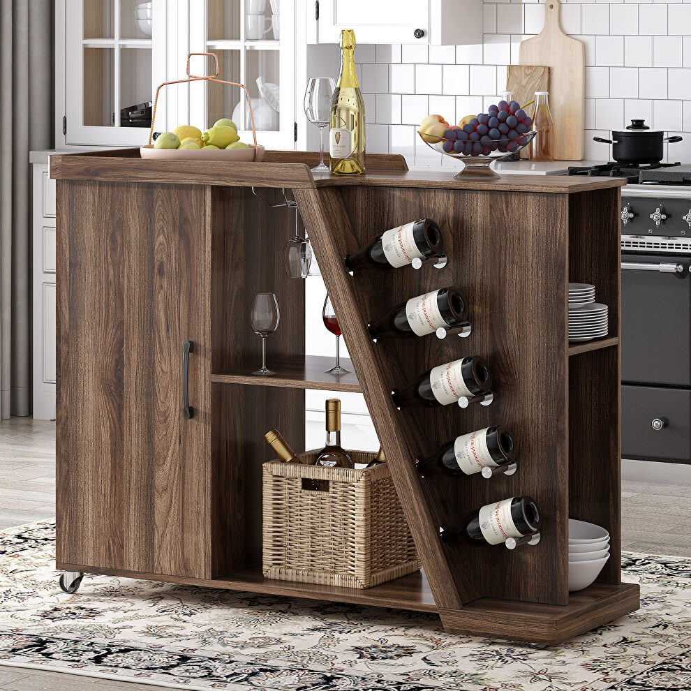 Kitchen island cart on wheels with adjustable shelf and 5 wine holders in brown by La Spezia
