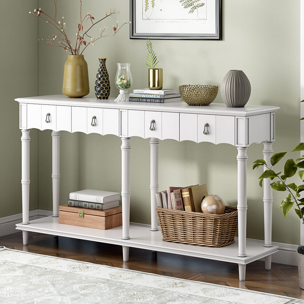 Antique white solid wood console table with 4 front storage drawers by La Spezia