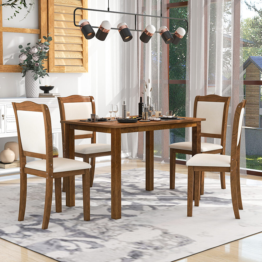 5-piece walnut wood dining table set with rectangular table and upholstered chairs by La Spezia