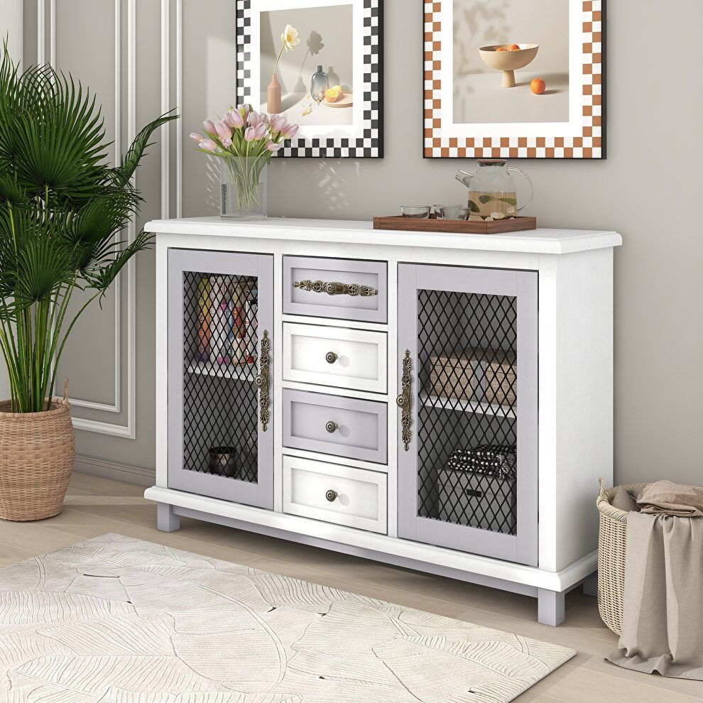 Antique white and gray cabinet with 4 drawers and 2 iron mesh doors by La Spezia